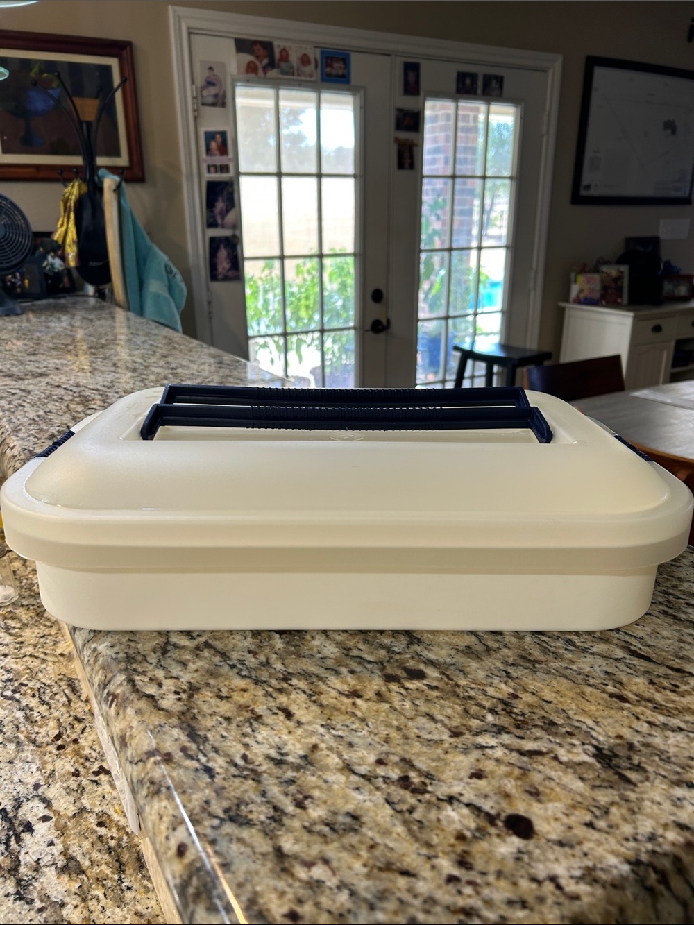 White Food Storage Bin with Dark Blue Easy Carry Handles
